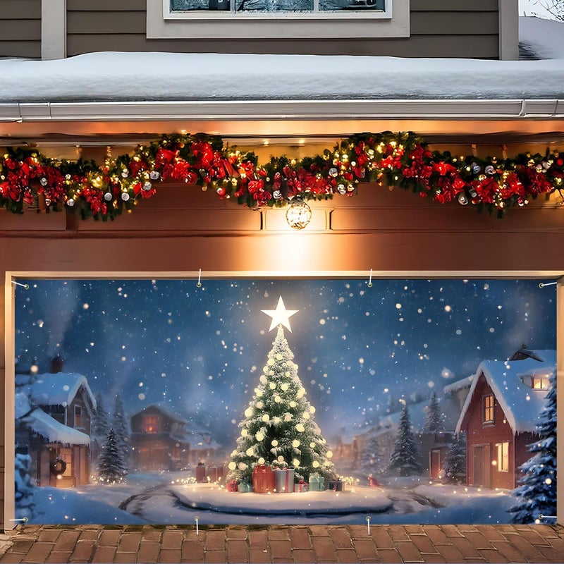ANNA QUEEN Christmas Garage Door Banner 6x13FT, Night Village Christmas Tree Scene, Large Holiday Garage Door Cover for Outdoor Xmas Decorations, Winter Wonderland House Front & Driveway Decor - Image 1